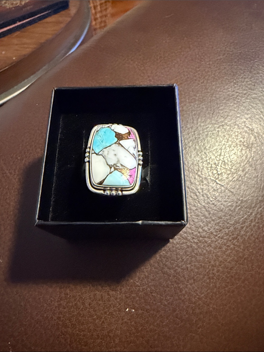 Multi-Stone Inlay Statement Ring - Turquoise, Pink & White